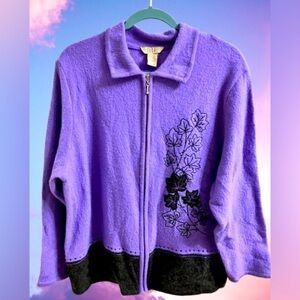 🌹 Teddi Lavender Zip Up 1X Embroidery 100% Wool Fall Autumn Vtg Stitched Floral